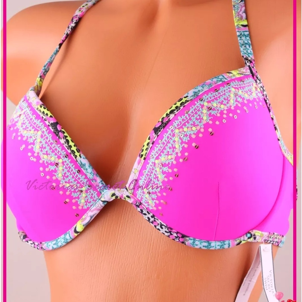 Victoria's Secret Pink Bikini Top Racerback Sequined Embroidered Size 36C